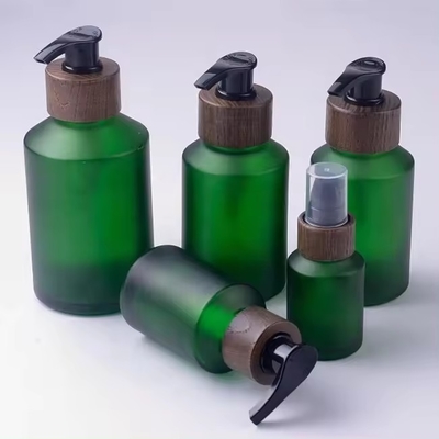 30g, 50g, 15ml, 30ml, 60ml, 120ml, bouteille en verre glacé vert avec couvercle à vis en bois