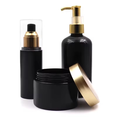 Bouteilles de cosmétiques en plastique Pompe à lotion Bouteille à couvercle doré Bouteille à épaule ronde